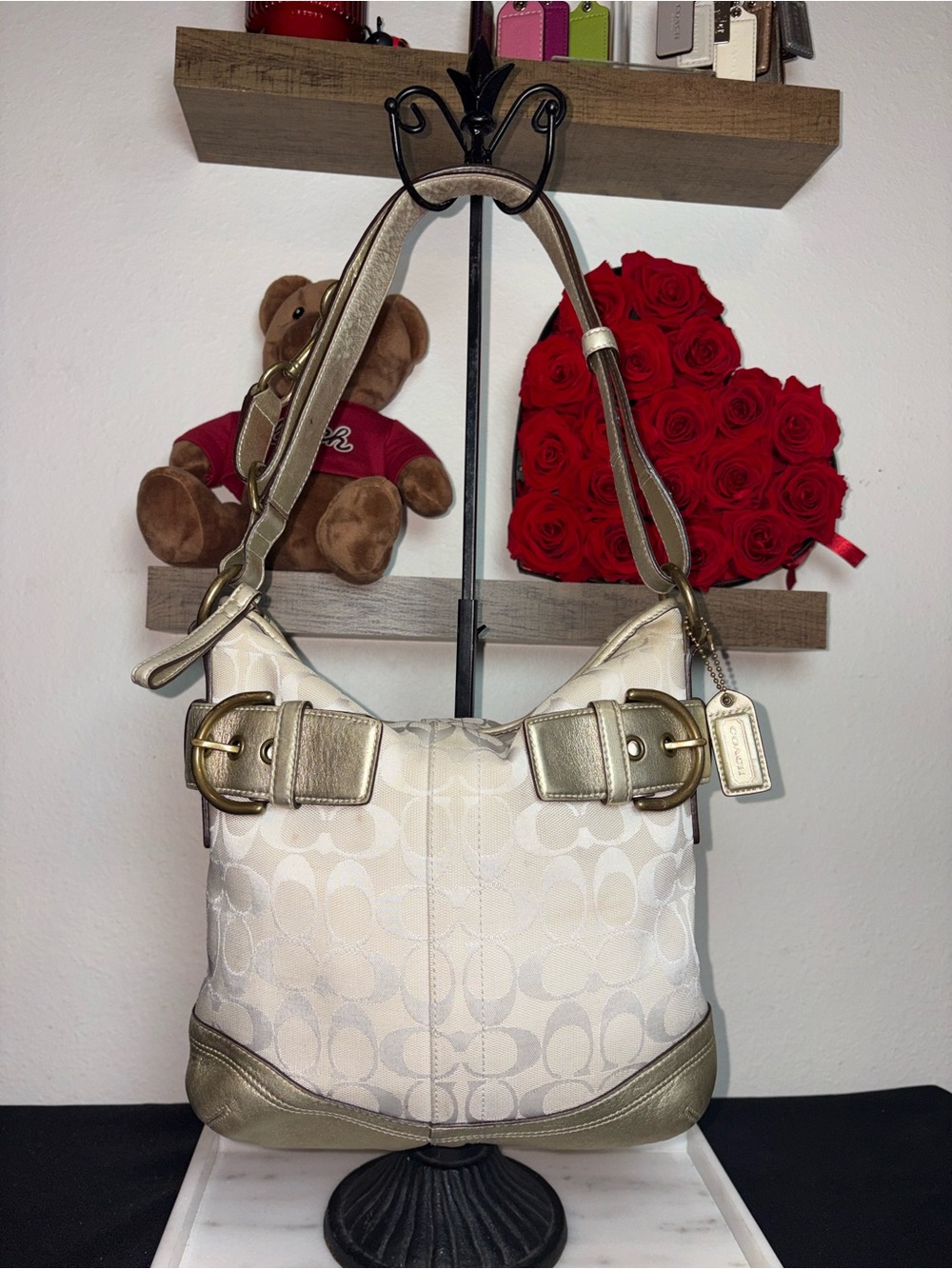 Coach Signature C SoHo Buckle Jacquard Hobo Bag Gold Metallic Leather Trim